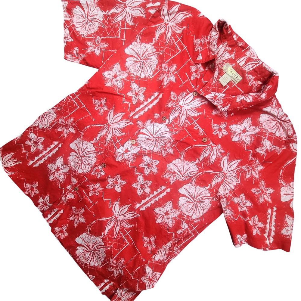 Tahiti Bay Hawaiian Shirt Mens XXL 2XL Red White Floral Cotton Aloha Camp